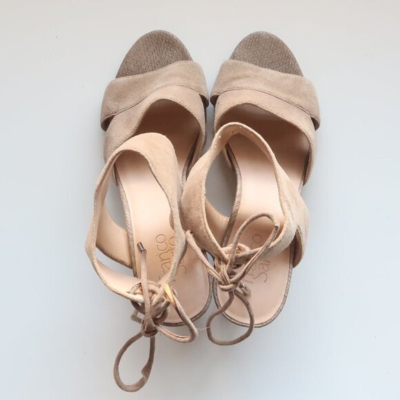 Franco Sarto Taupe Suede Strappy Round Open Toe Block Heels / Sandals / Shoes - Picture 8 of 16